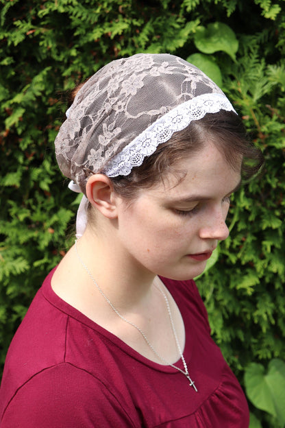 Taupe Stretch Lace - 9 inch Headband Headcovering