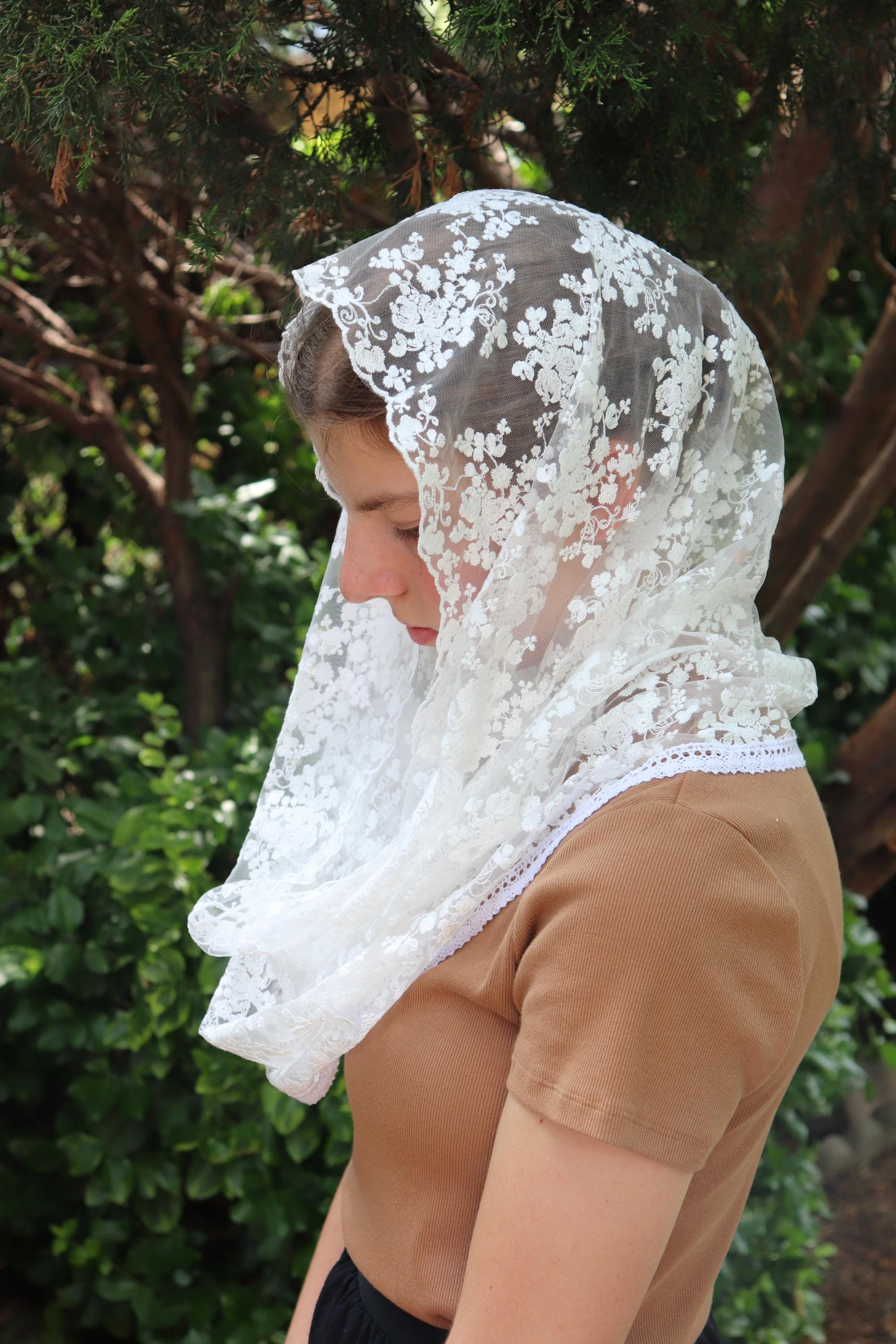 White Cotton Embroidered Infinity Veil - Headcovering - Headscarf - Chapel Veil - Mantilla - Silver Stitching Co