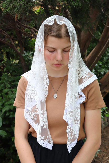 White Cotton Embroidered Rounded Triangle Veil - Headcovering - Headscarf - Chapel Veil - Mantilla - Silver Stitching Co
