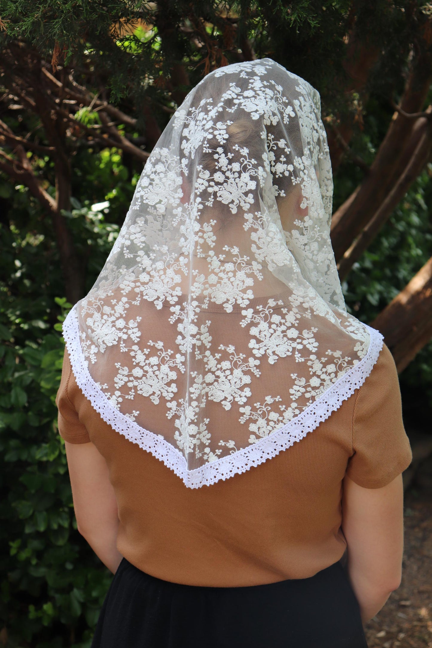 White Cotton Embroidered Rounded Triangle Veil - Headcovering - Headscarf - Chapel Veil - Mantilla - Silver Stitching Co