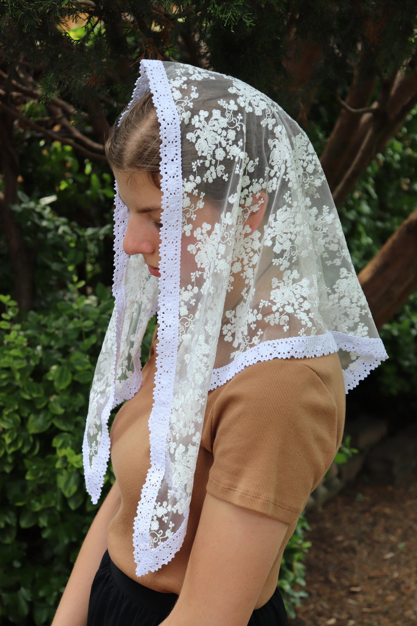 White Cotton Embroidered Triangle Veil - Headcovering - Headscarf - Chapel Veil - Mantilla - Silver Stitching Co