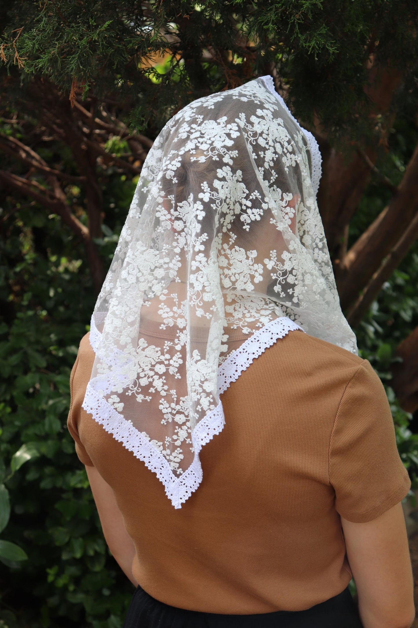 White Cotton Embroidered Triangle Veil - Headcovering - Headscarf - Chapel Veil - Mantilla - Silver Stitching Co