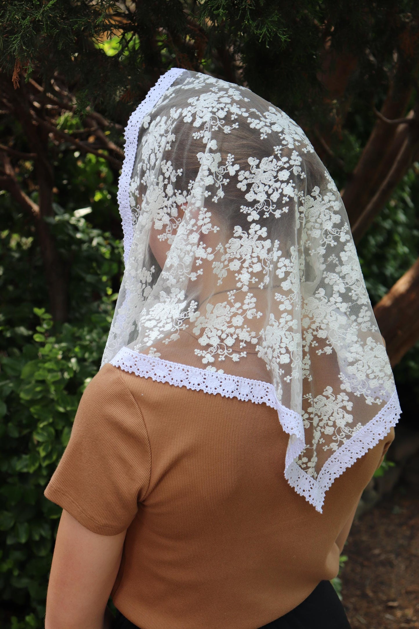White Cotton Embroidered Triangle Veil - Headcovering - Headscarf - Chapel Veil - Mantilla - Silver Stitching Co